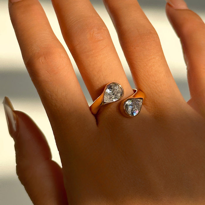 Water drop double diamond open ring