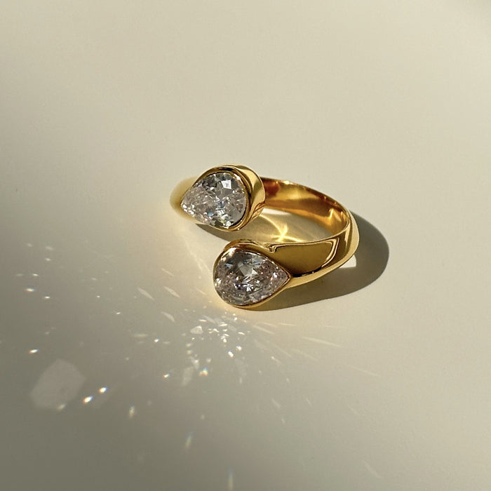 Water drop double diamond open ring