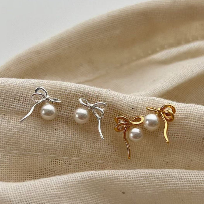 Whole body S925 silver bow ribbon pearl stud earrings