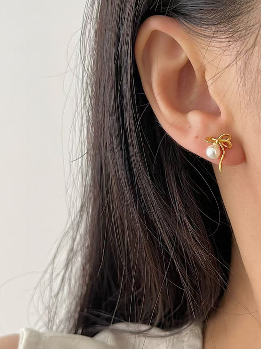Whole body S925 silver bow ribbon pearl stud earrings