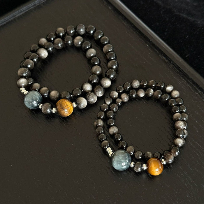 S925 Silver Natural Silver Obsidian Yellow Tiger's Eye Hawkeye Couple Bracelet