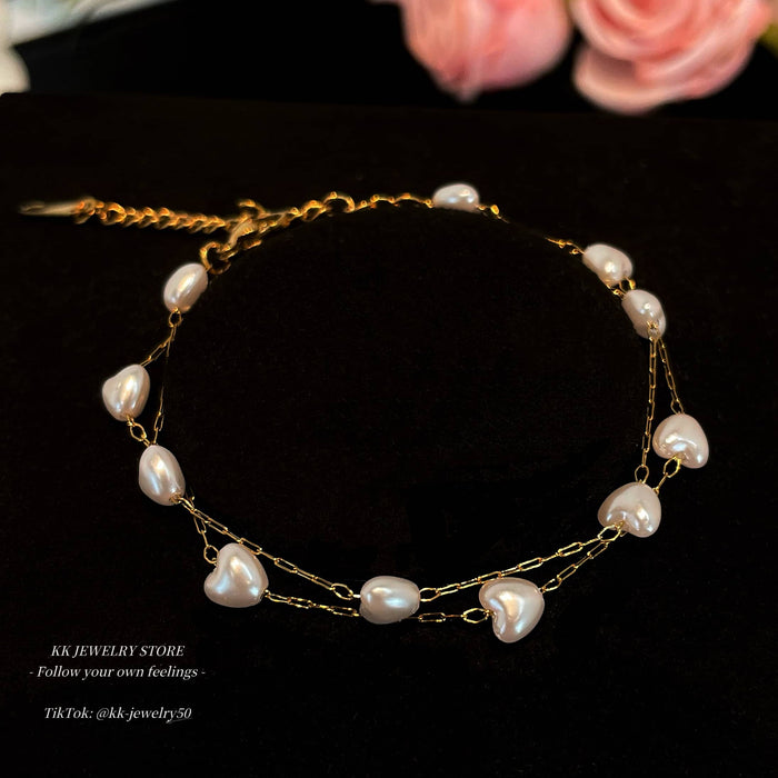 Love imitation pearl double bracelet necklace