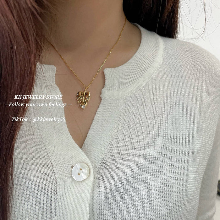 S925 Sterling Silver Gilt Turtle Back Bamboo Leaf Dot Diamond Necklace