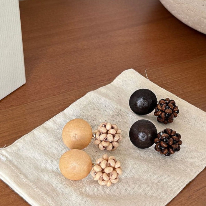 Art ball hand-woven wooden bead pinecone stud earrings