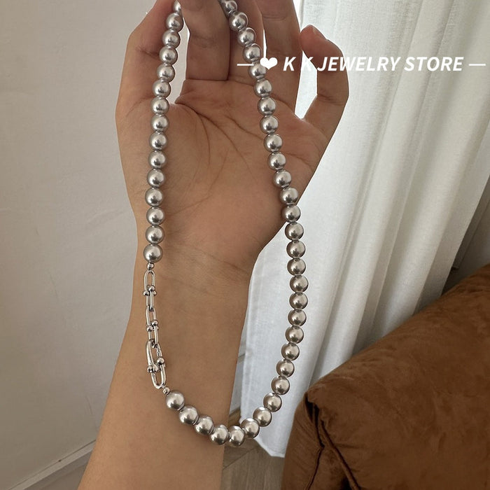 Horseshoe Clasp Silver-Combined Grey Artificial Pearl Necklace