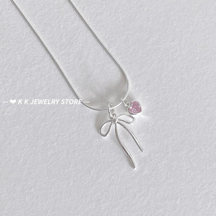 925 Silver Bow Pink Diamond Heart Necklace