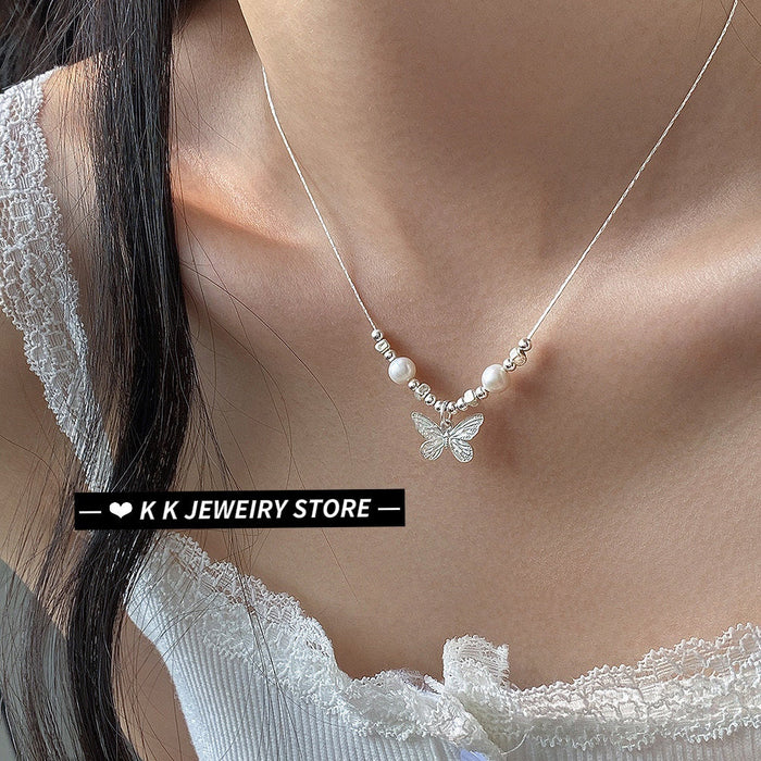 S925 Silver Pearl Butterfly Texture Necklace