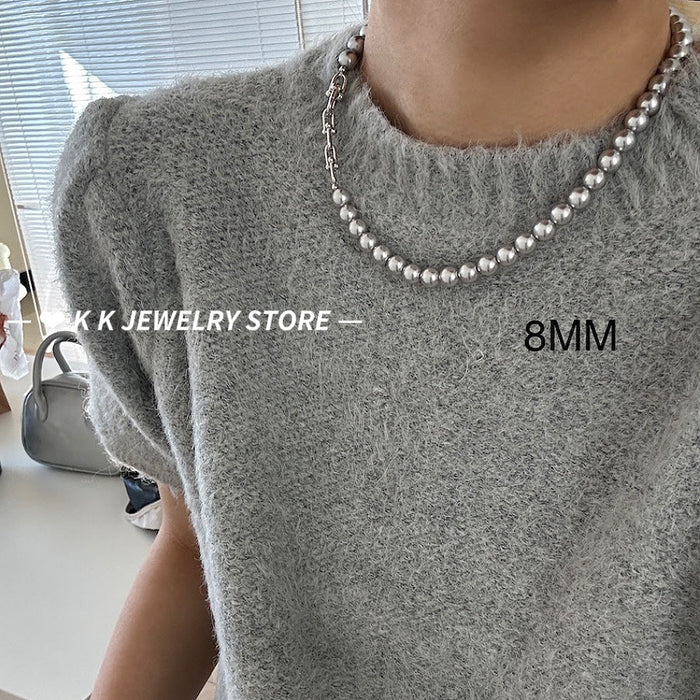 Horseshoe Clasp Silver-Combined Grey Artificial Pearl Necklace