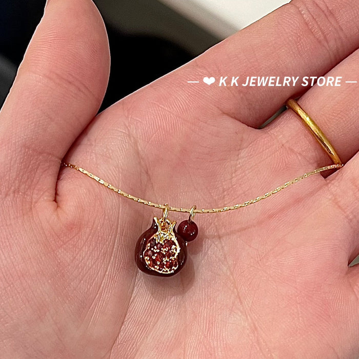 Pomegranate Red Bean Diamond Pendant Necklace
