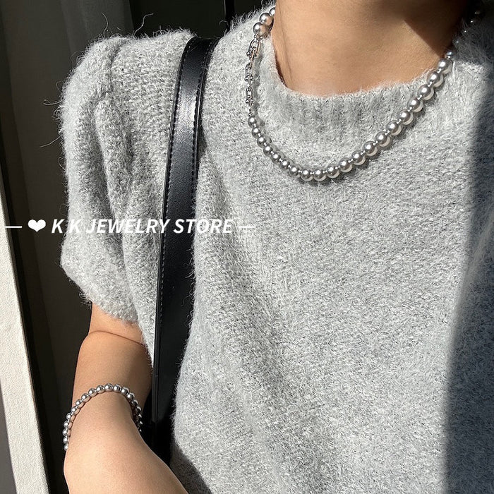 Horseshoe Clasp Silver-Combined Grey Artificial Pearl Necklace