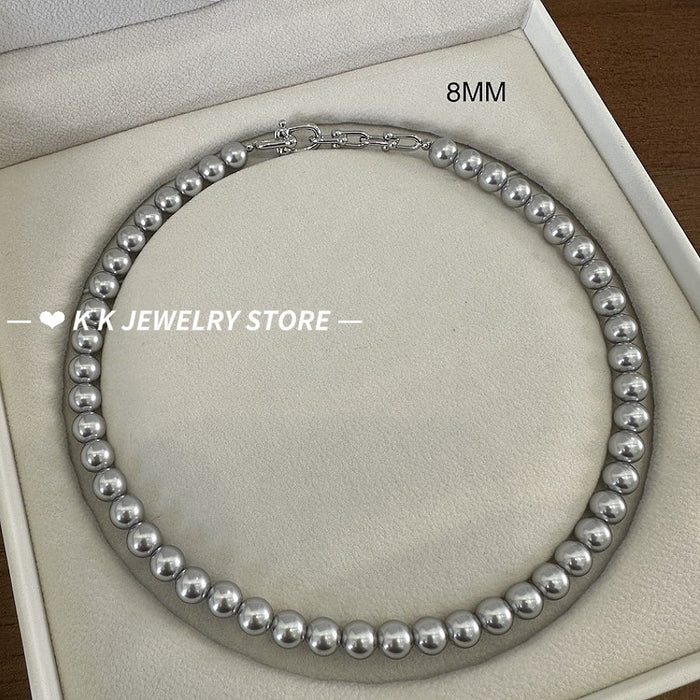 Horseshoe Clasp Silver-Combined Grey Artificial Pearl Necklace