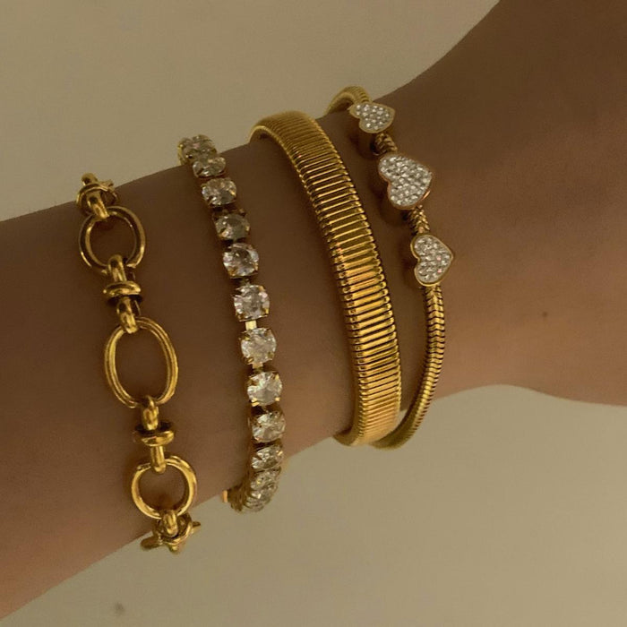 Stackable Combination Diamond-Set Heart Stainless Steel Bracelet