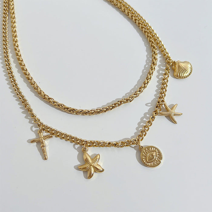 Titanium Steel Colorfast Starfish Shell Double-Layer Necklace