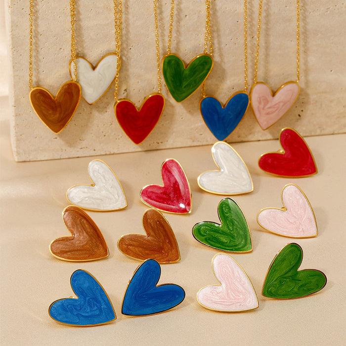 Heart Enamel Stainless Steel Pendant Necklace Earrings